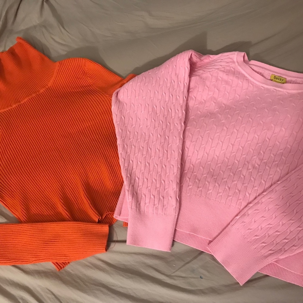 orange turtle neck shirt & pink sweater